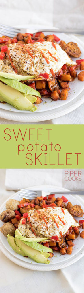 Sweet Potato Skillet - Healthy and filling breakfast or dinner with sweet potato, your choice of protein and vegetables. Get the recipe at PiperCooks!