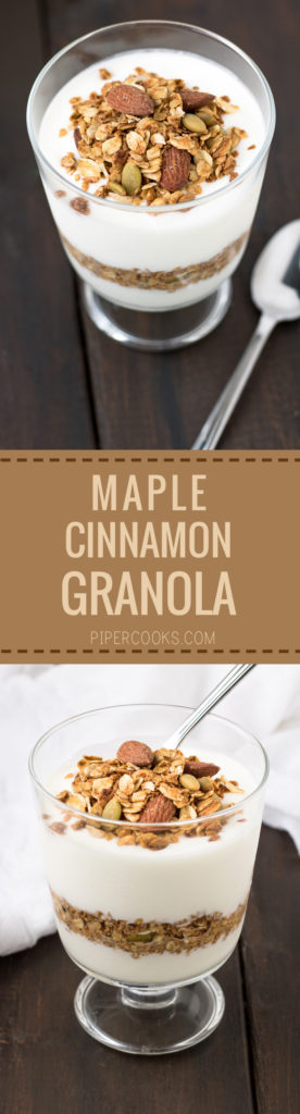 Maple Cinnamon Spiced Granola Recipe - PiperCooks – Easy homemade granola with cinnamon, maple syrup and maple extract. Use whichever nuts you prefer. Use your healthy granola in a cute parfait with Greek yogurt and a drizzle of maple syrup.
