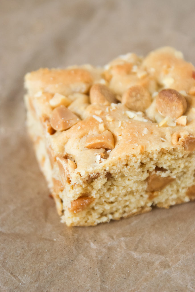 Peanut Butter Blondies Recipe – Quick and tasty peanut butter square recipe, with peanut butter, chopped peanuts and peanut chips. Great bar recipe for parties or showers. PiperCooks.com