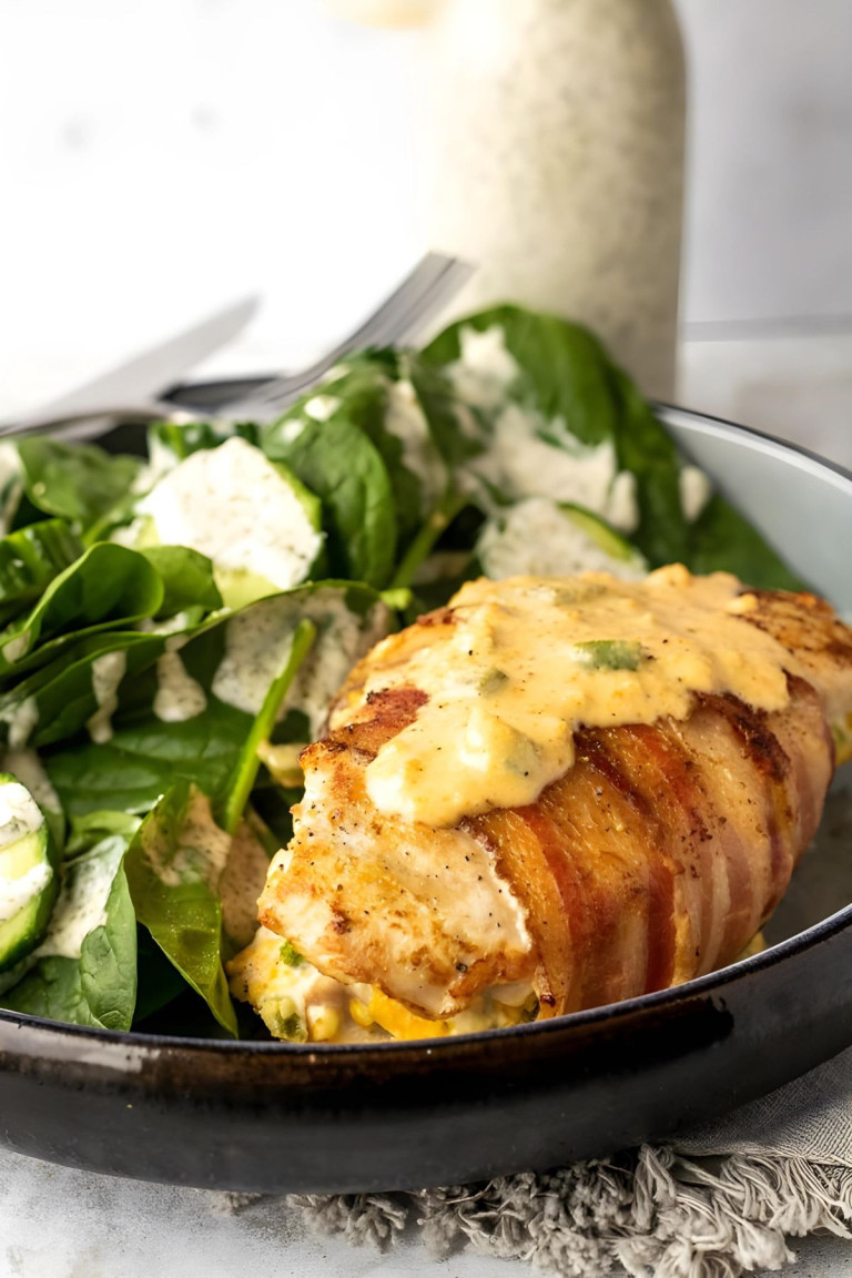 Bacon-wrapped chicken on a plate with a spinach salad.