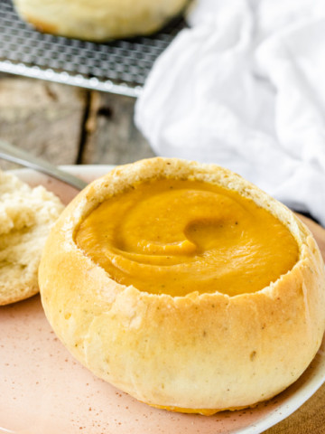 Homemade Bread Bowls with Sweet Potato and Carrot Soup