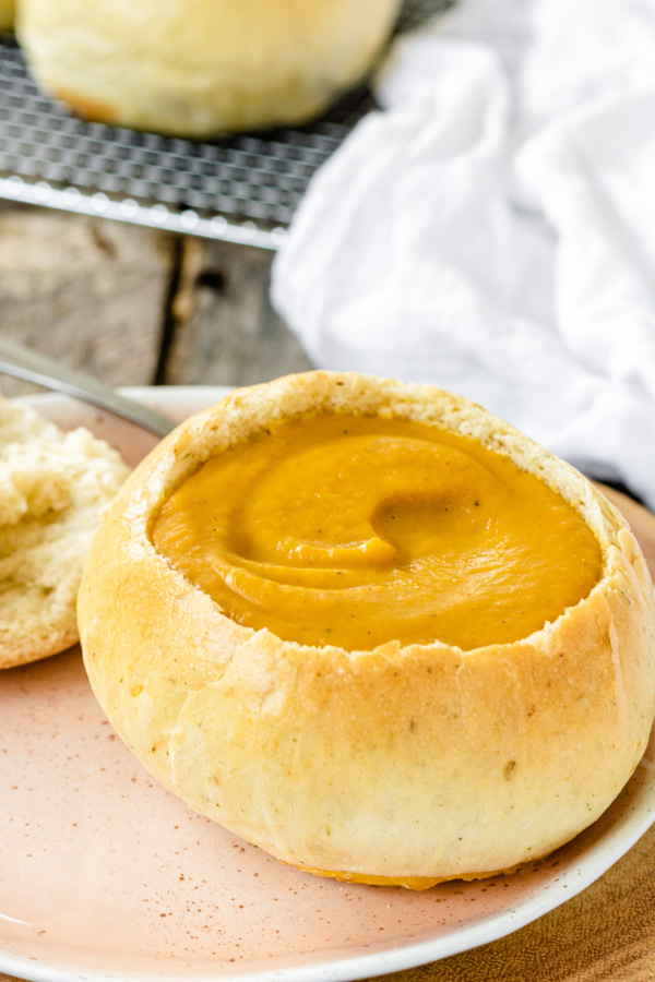Homemade Bread Bowls with Sweet Potato and Carrot Soup