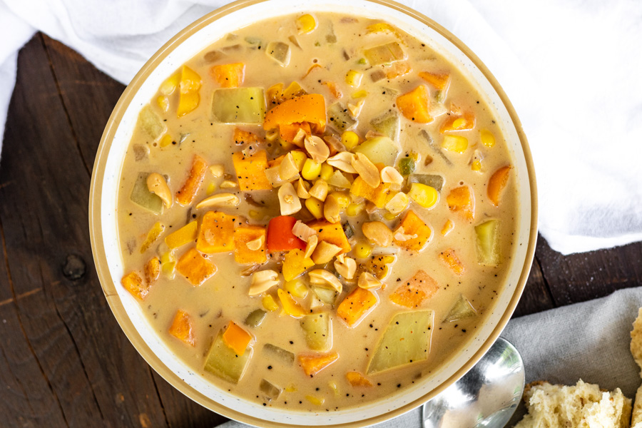 Spicy Peanut Soup with Sweet Potato + Corn | PiperCooks