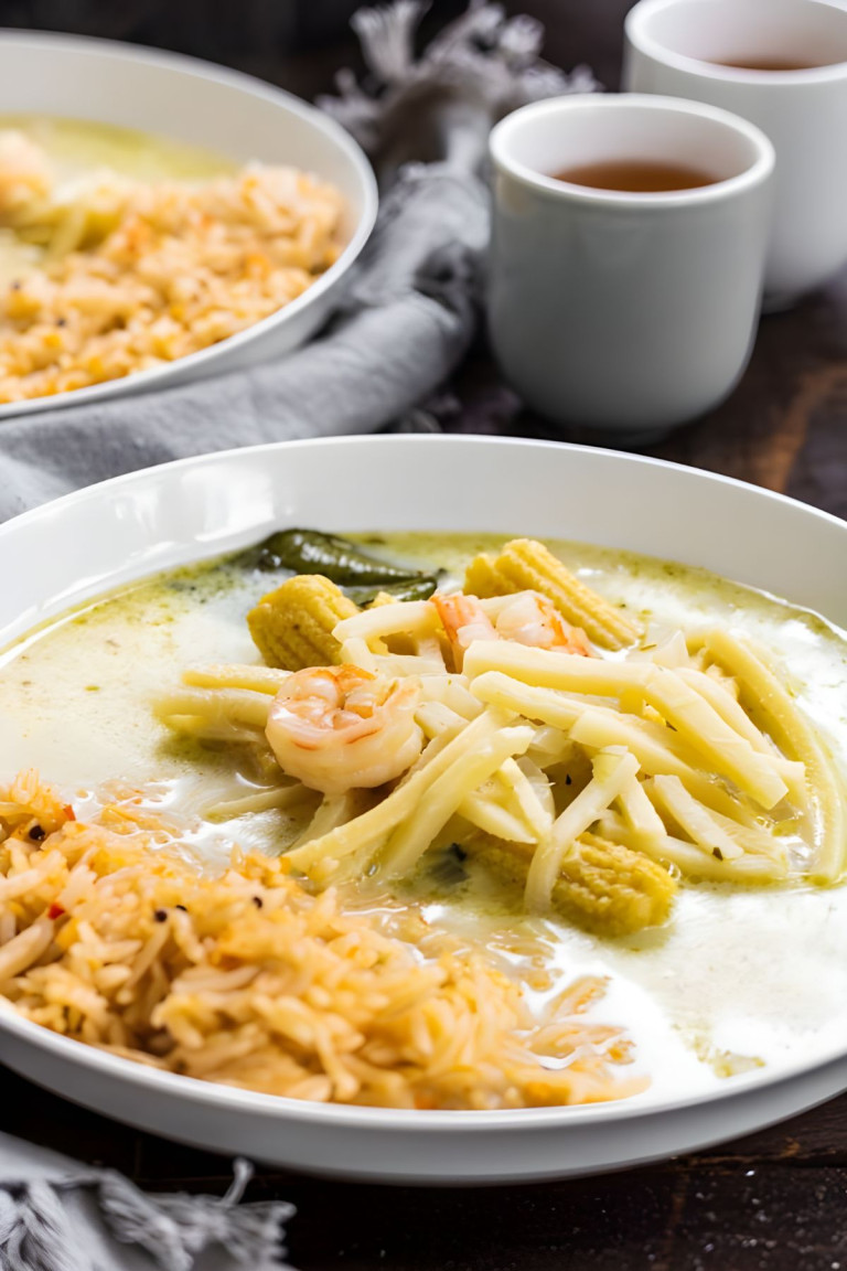 A coconut milk based soup in a bowl with rice.