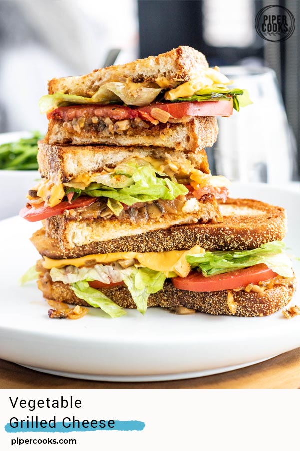 vegetable grilled cheese sandwich with text overlay for pinterest