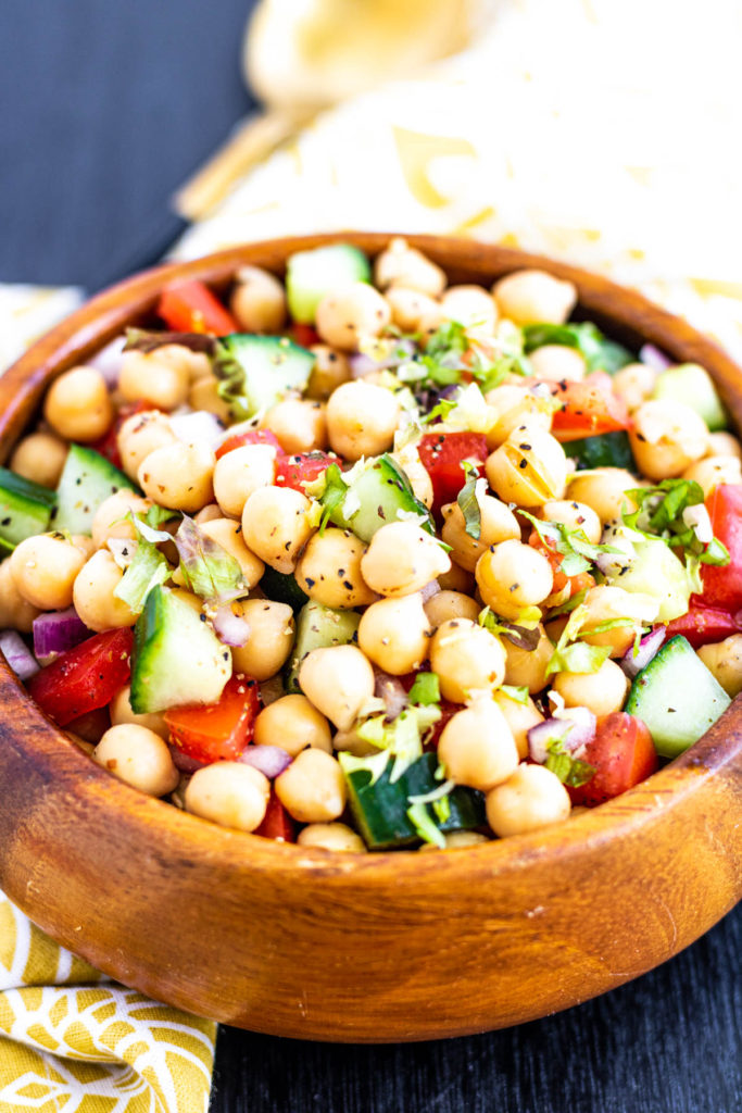 Chickpea Salad with Tomatoes and Cucumber in a bowl