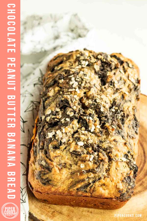 loaf of baked banana bread on a wood platter with a text overly for pinterest