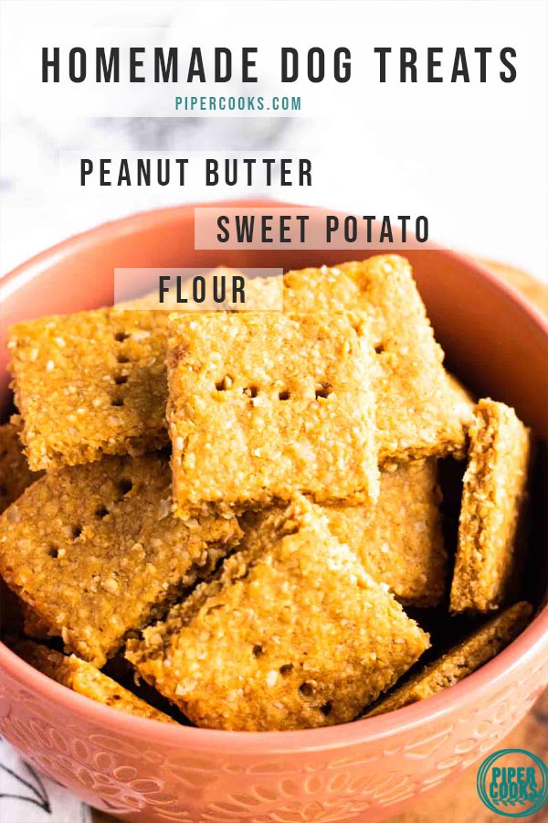 homemade dog treats in a bowl with text overlay for pinterest