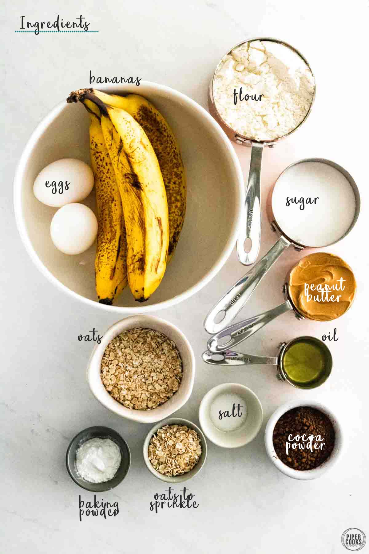 ingredients for banana bread in measuring cups and bowls