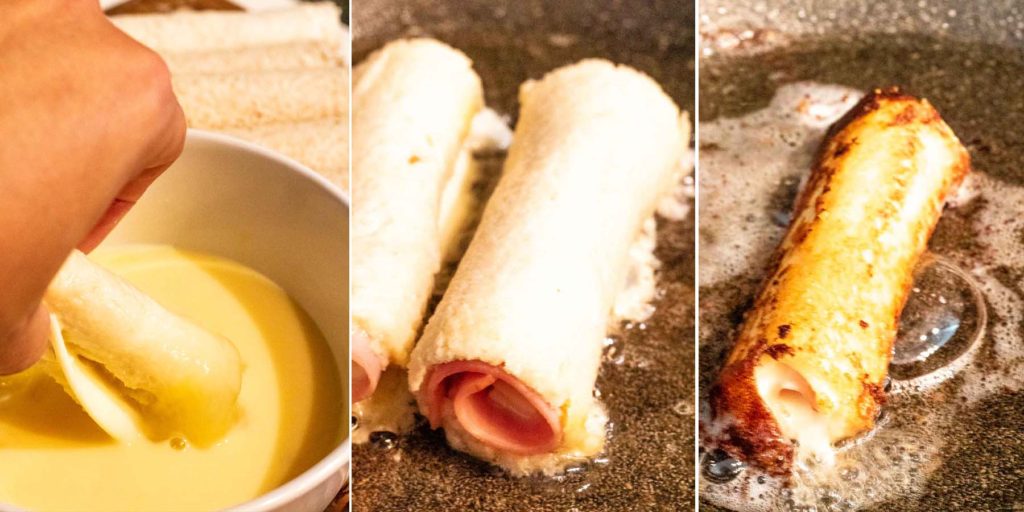 Process Shots showing how to make a monte cristo rollup with bread, ham and cheese