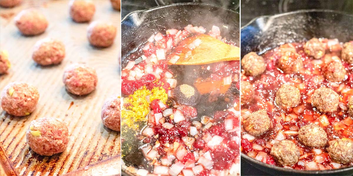 process shots of making meatballs and a cranberry pan sauce