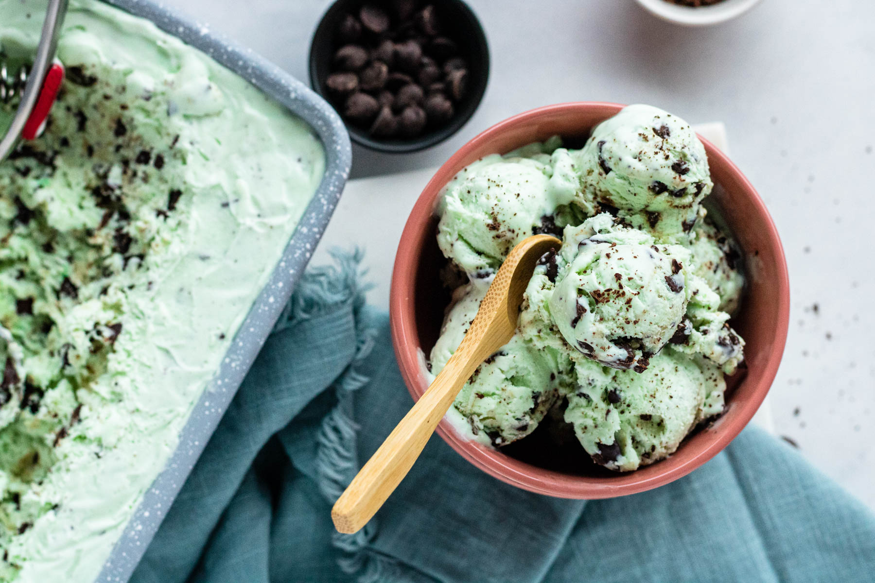 homemade no churn mint chocolate chip ice cream in a bowl