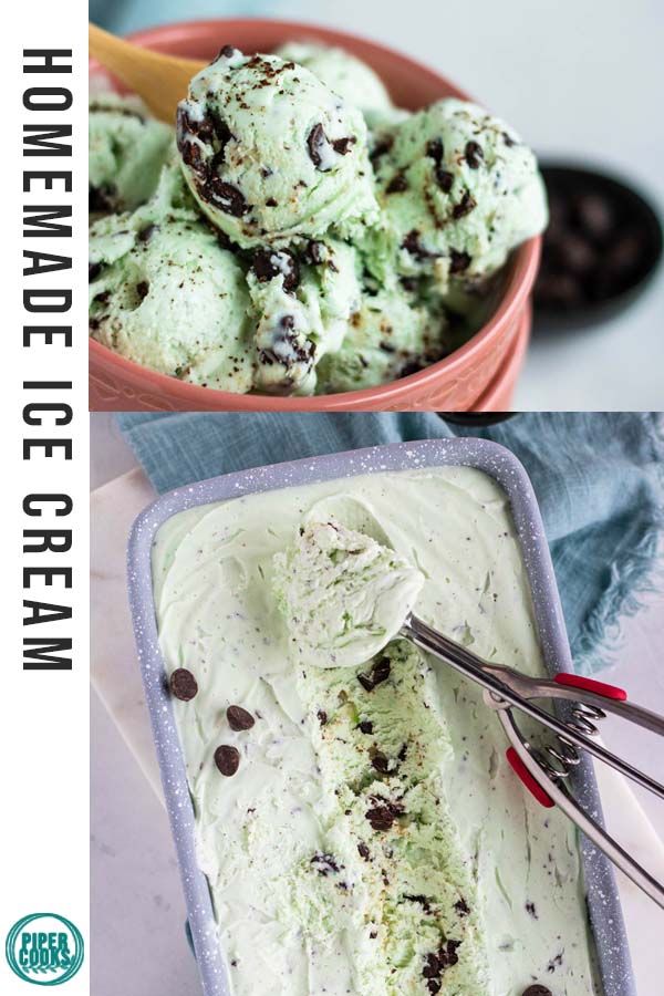 homemade no churn mint chocolate chip ice cream in a bowl with text overlay for pinterest