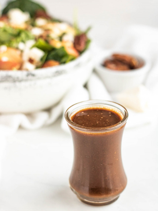 honey balsamic dressing in a mini pouring jar