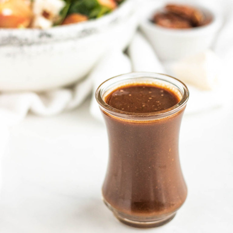 honey balsamic dressing in a mini pouring jar