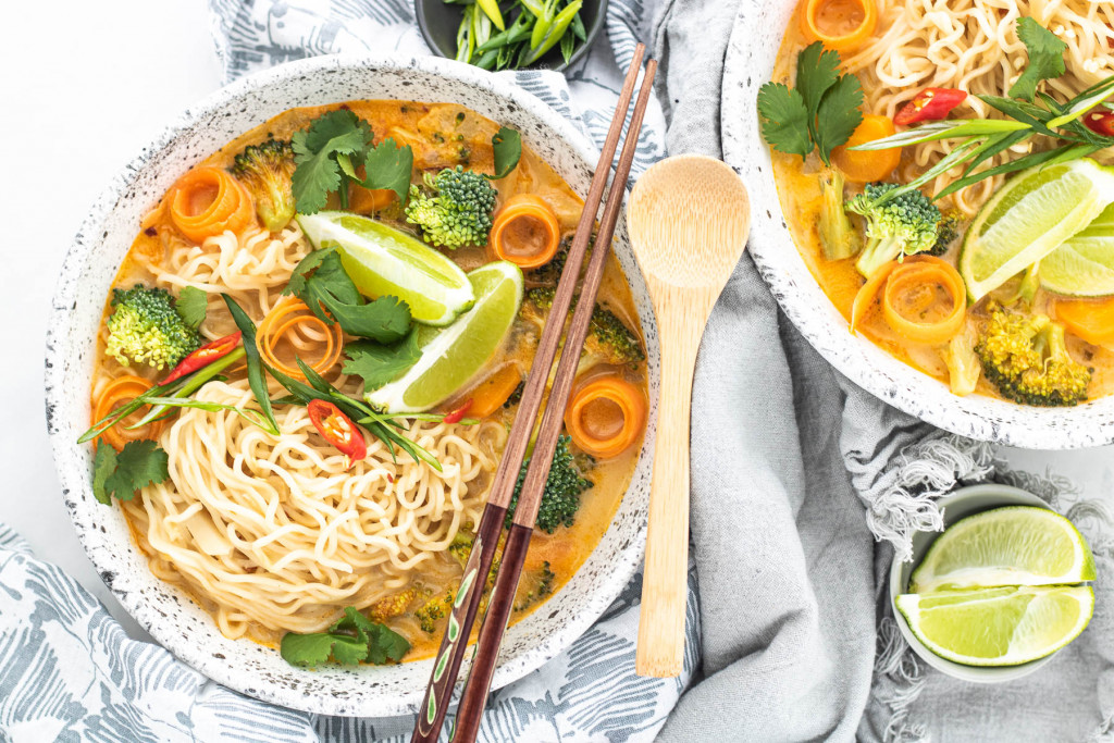 coconut curry ramen soup in bowls