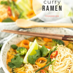 coconut curry ramen soup in bowls with text overlay for Pinterest