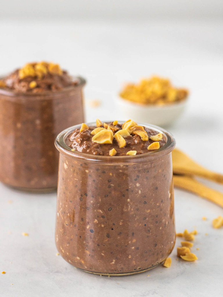 Chocolate Peanut Butter Overnight Oats in jars