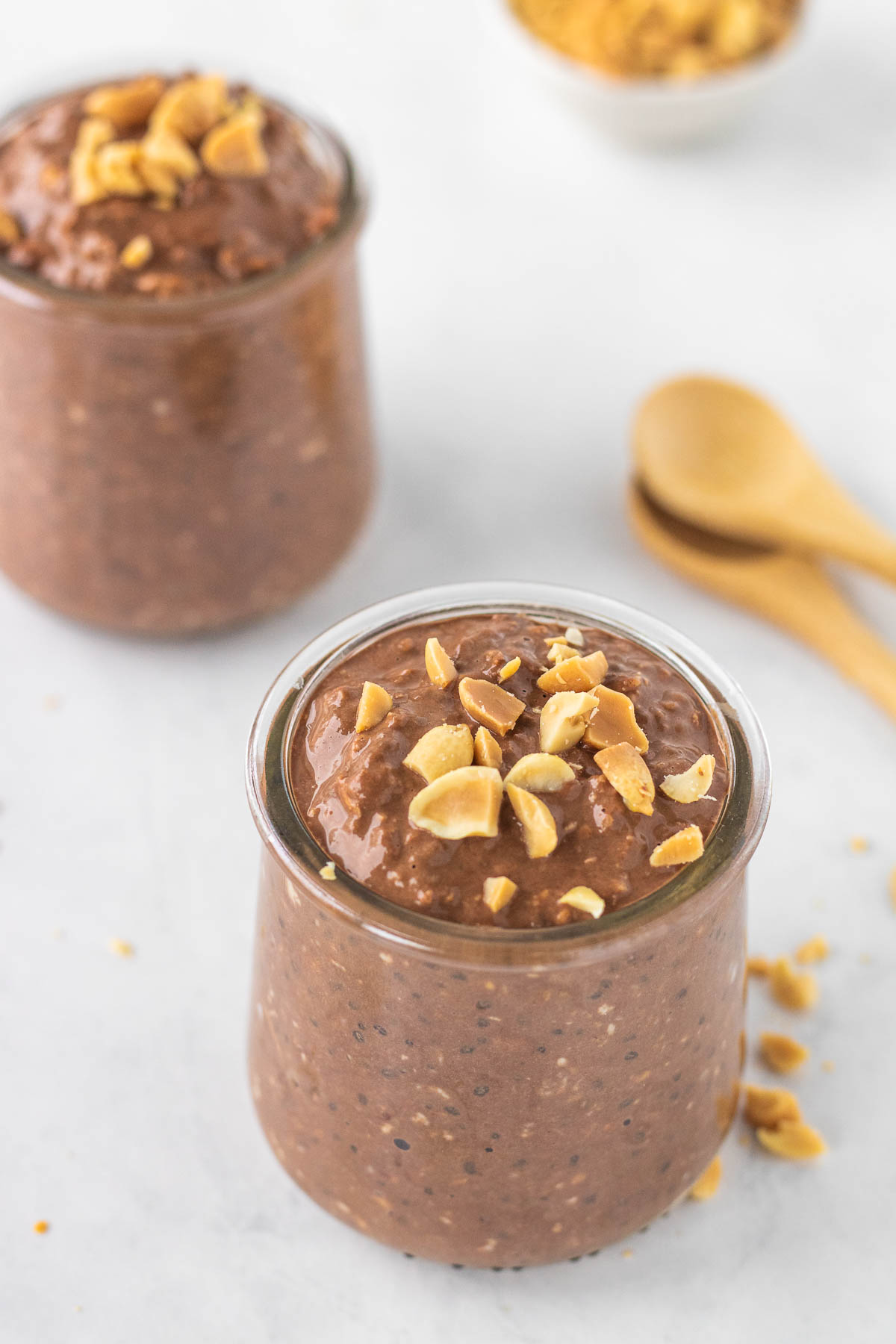 chocolate peanut butter overnight oats in cups