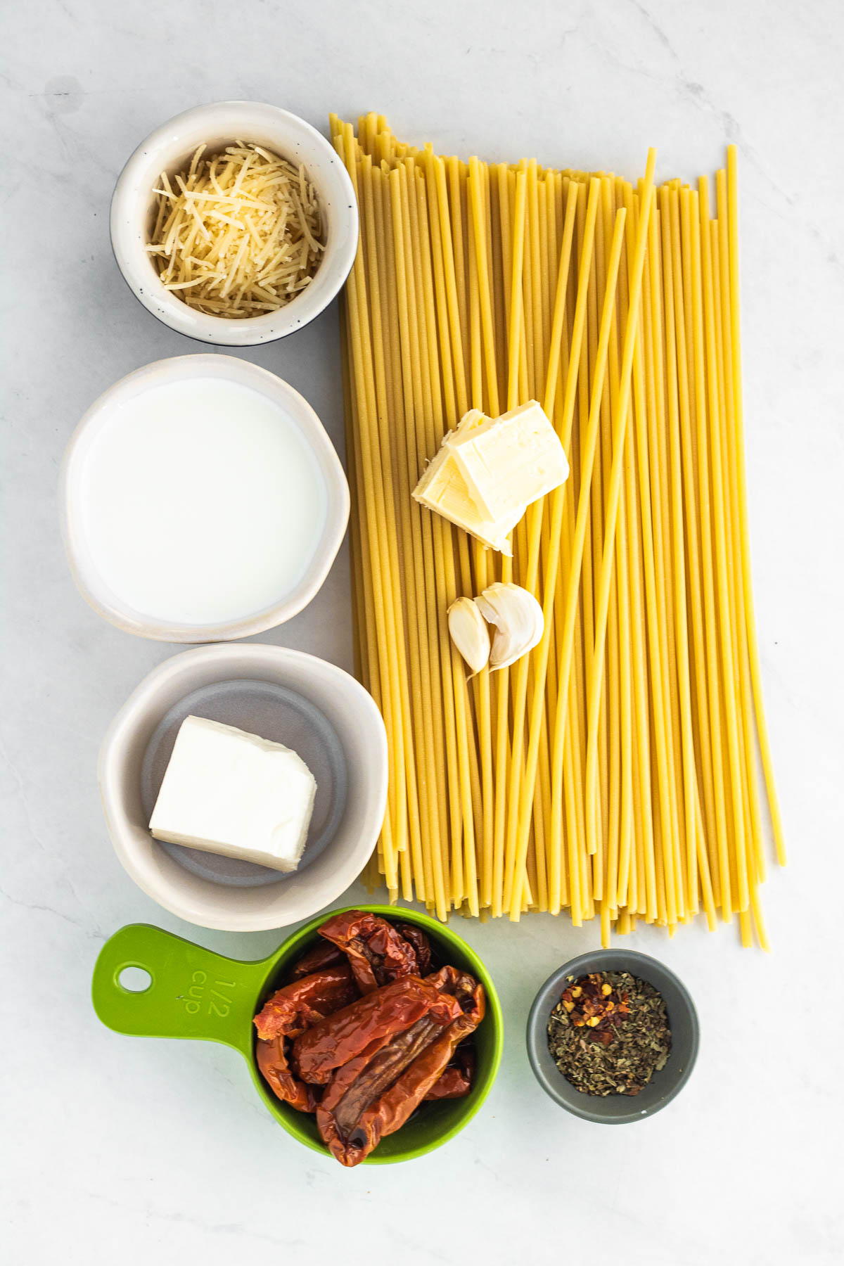 ingredients for creamy sun dried tomato pasta