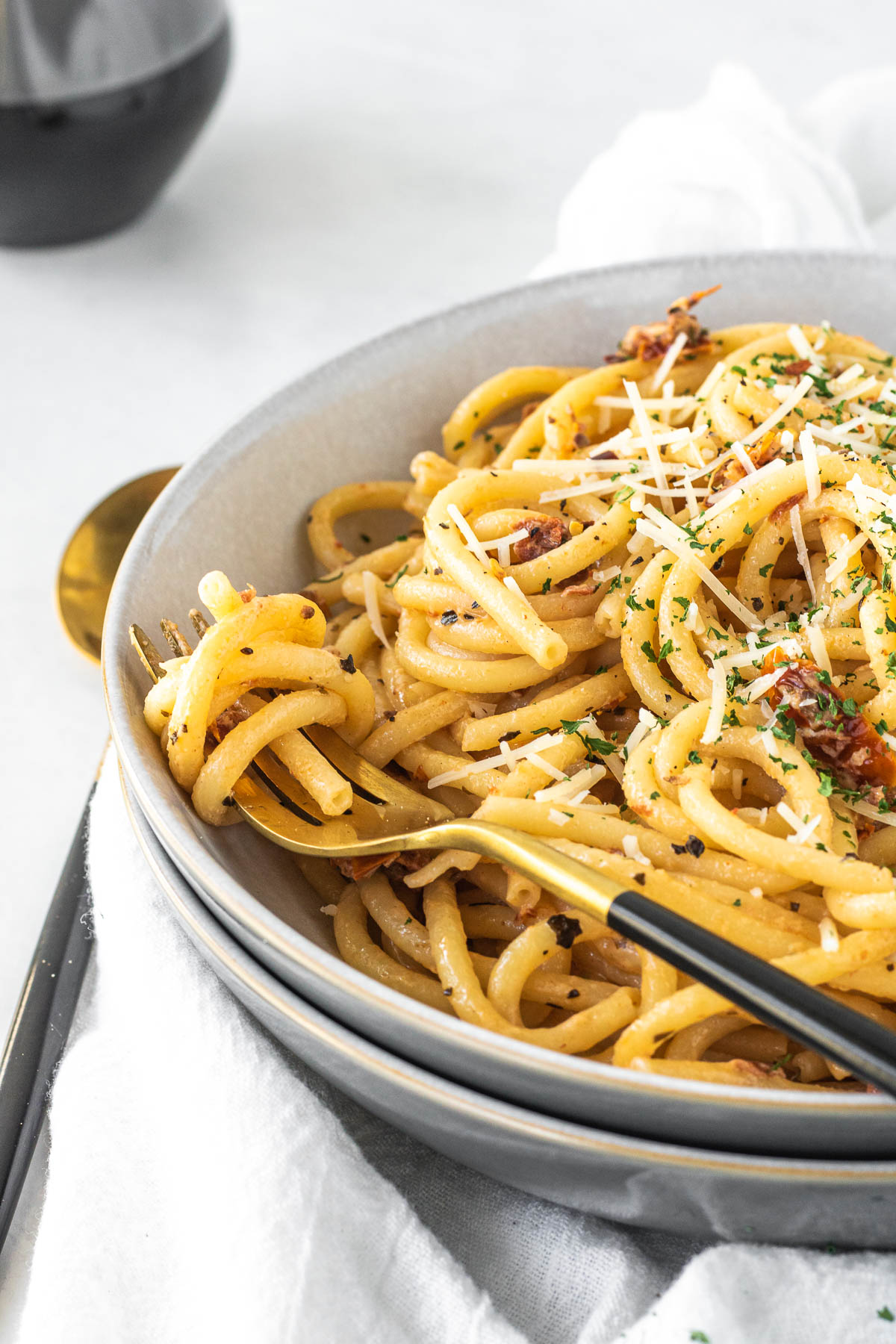 pasta swirled in a bowl