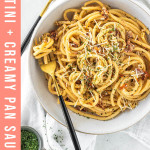 pasta swirled in a bowl with a text overlay for Pinterest