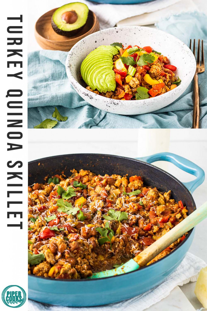 ground turkey skillet dinner in a bowl with a text overlay for Pintereset