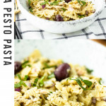 pasta salad in a bowl with olives on top and a text overlay for Pinterest