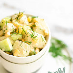 potato salad in a bowl with text overly for Pinterest
