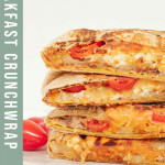 Breakfast Crunchwrap on a plate with text overlay