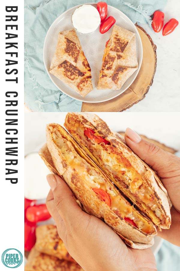 Breakfast Crunchwrap on a plate with text overlay