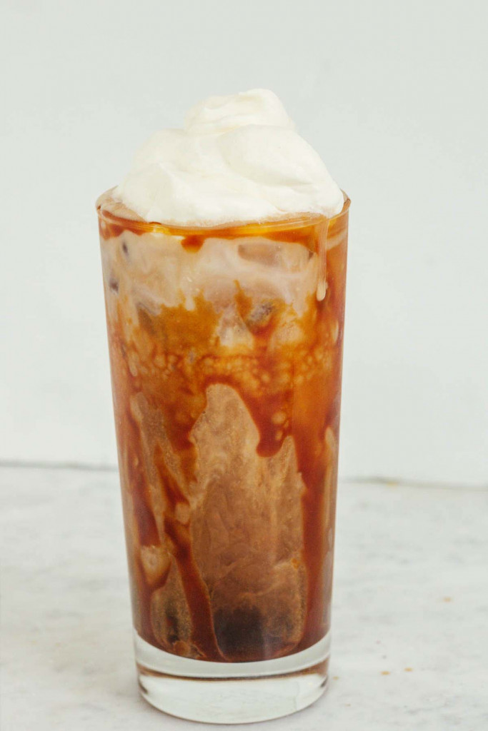 iced caramel coffee with cream on top