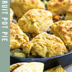 jackfruit pot pie with biscuits in a cast iron skillet
