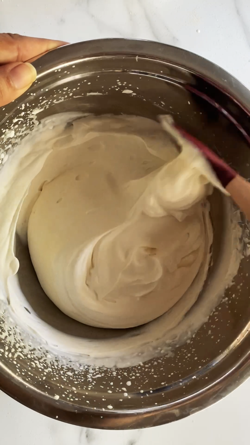 mixing ice cream base with a spatula