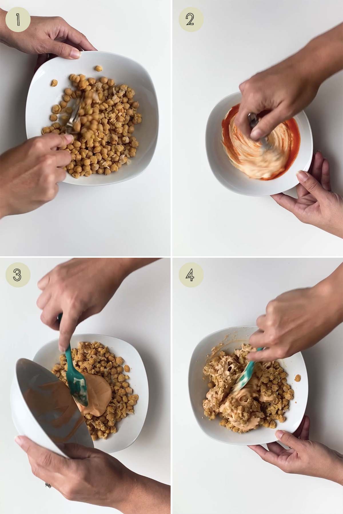 4 photo collage of mixing mayo and sriracha into chickpeas.