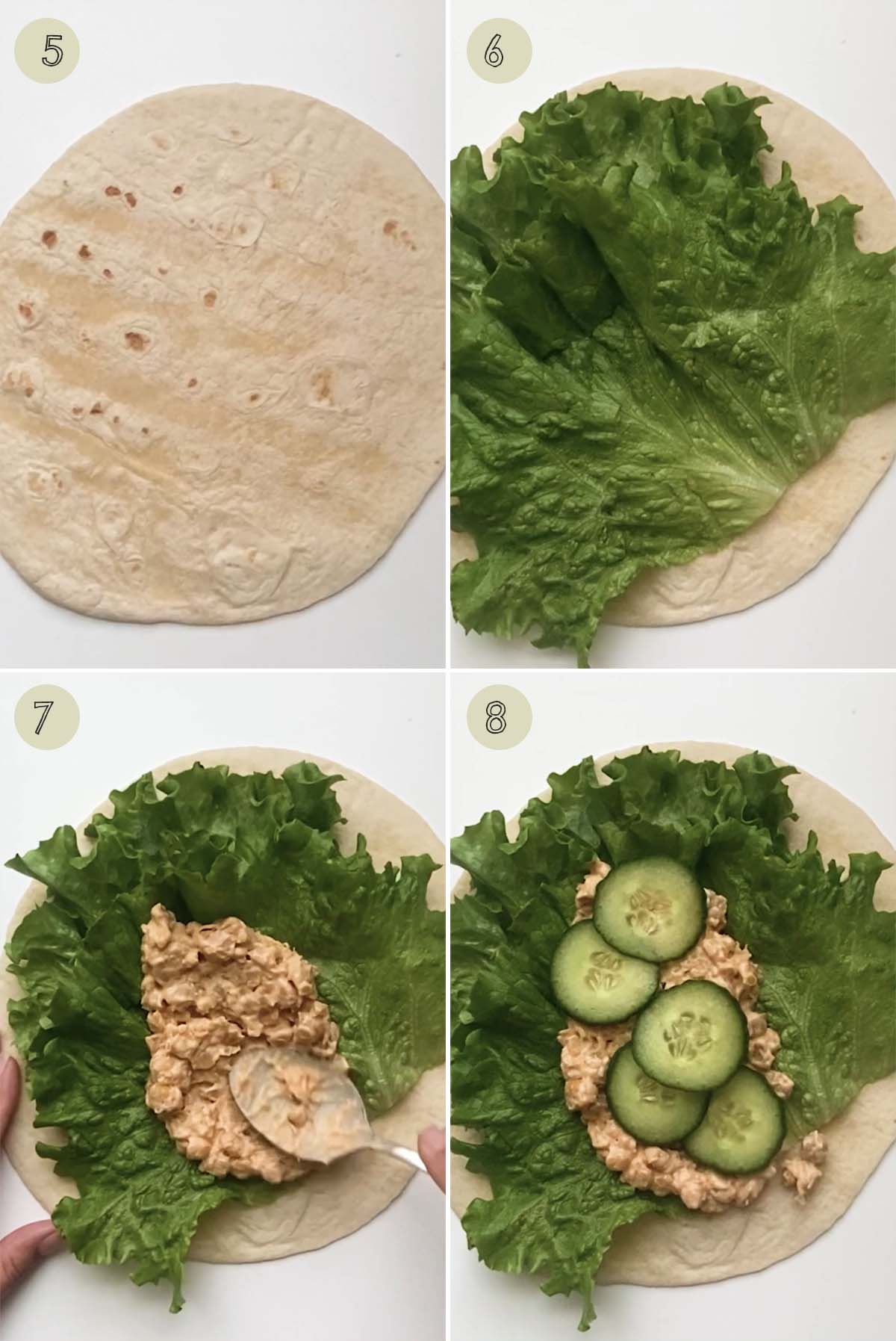4 photo collage of adding chickpeas, lettuce and cucumber to a wrap.