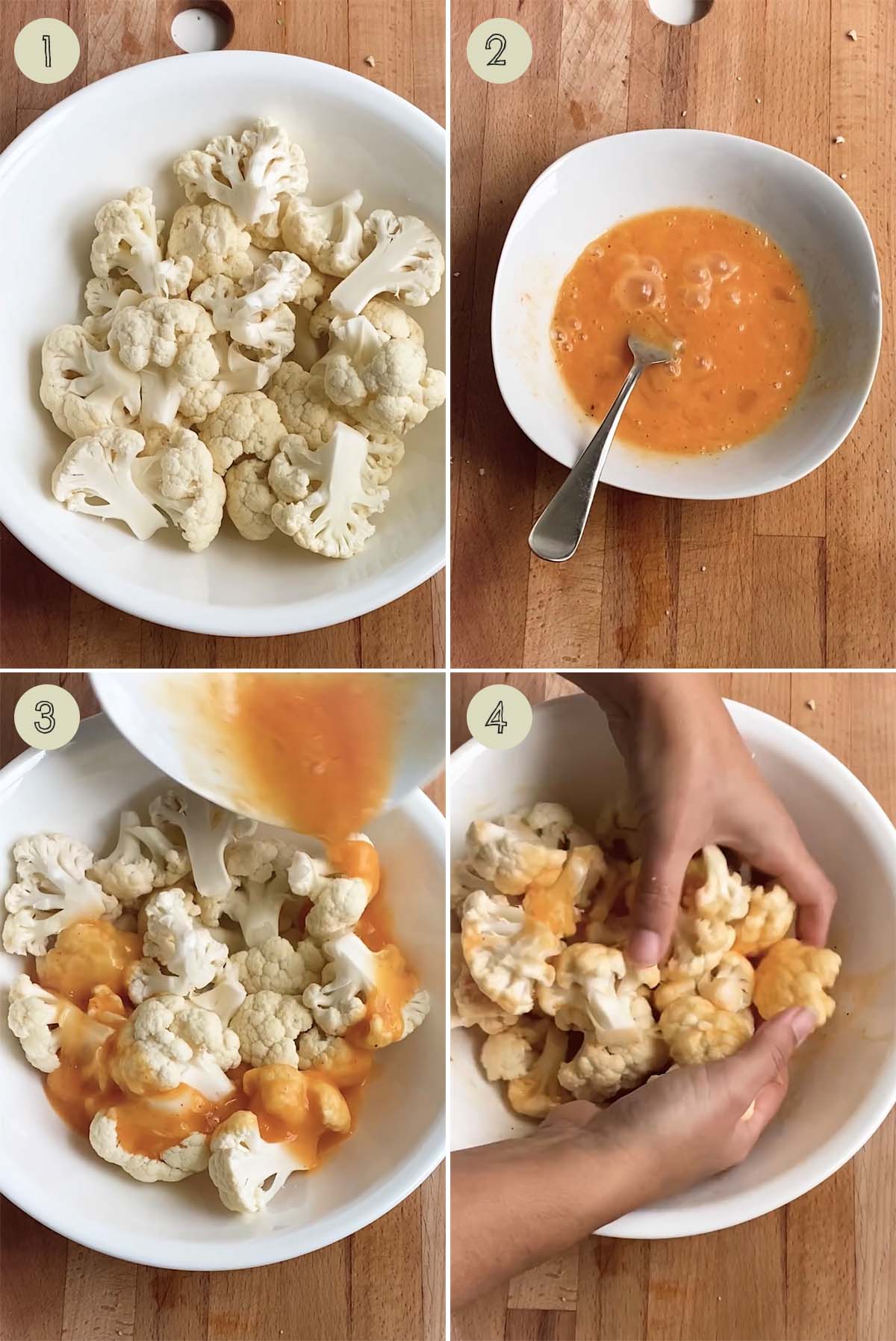 4 photo collage of covering cauliflower pieces in an egg mixture.