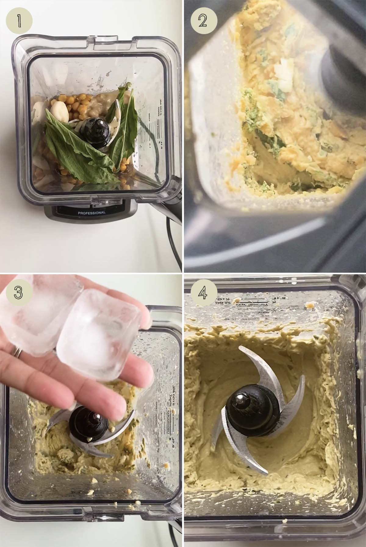 4 photo collage of hummus blending in a blender.