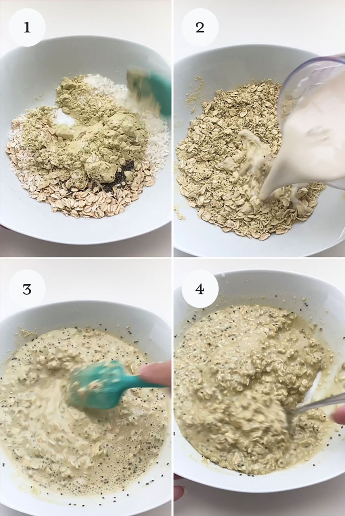4 photo collage of mixing overnight oats together in a bowl.