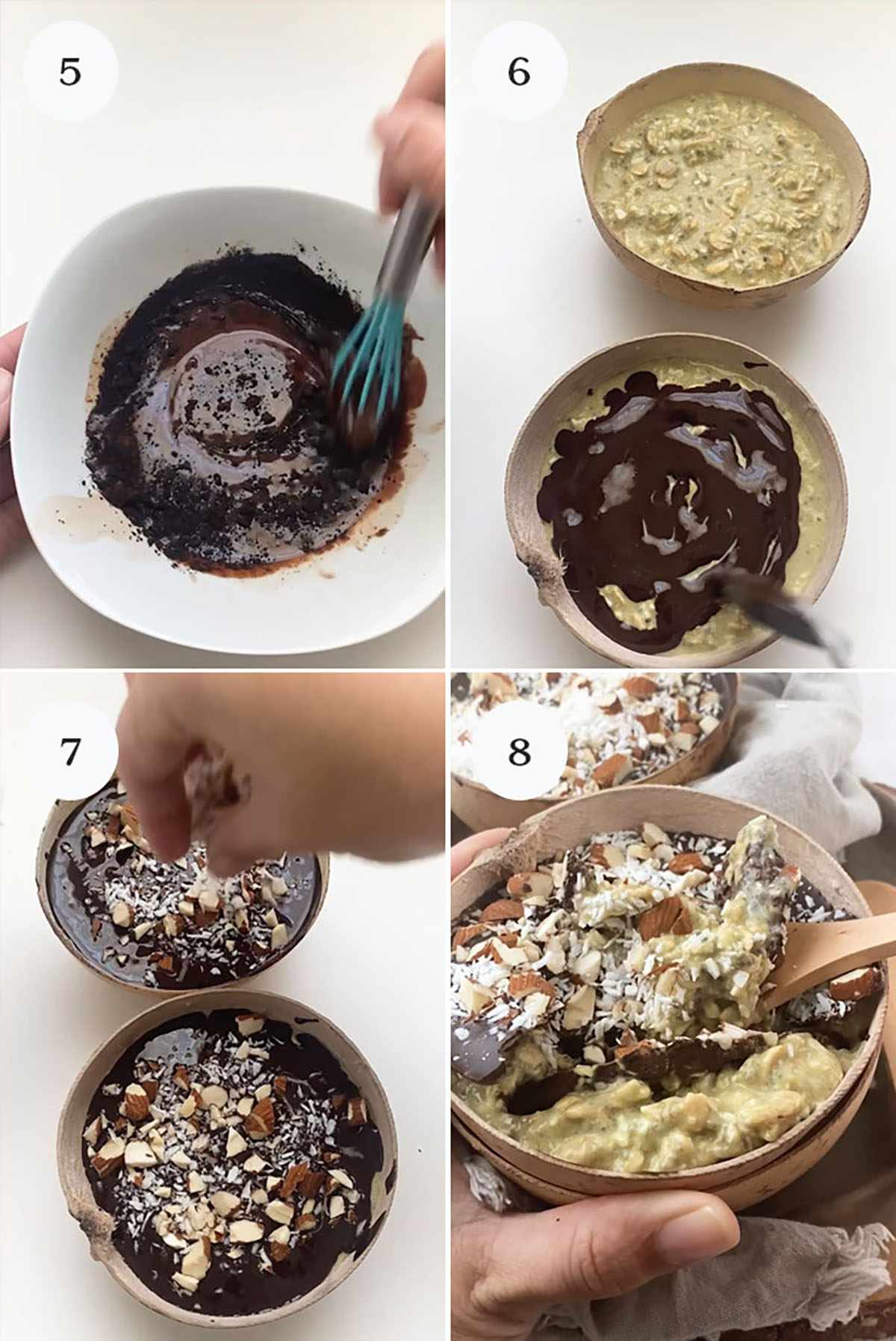 4 photo collage of adding chocolate and toppings to overnight oats.