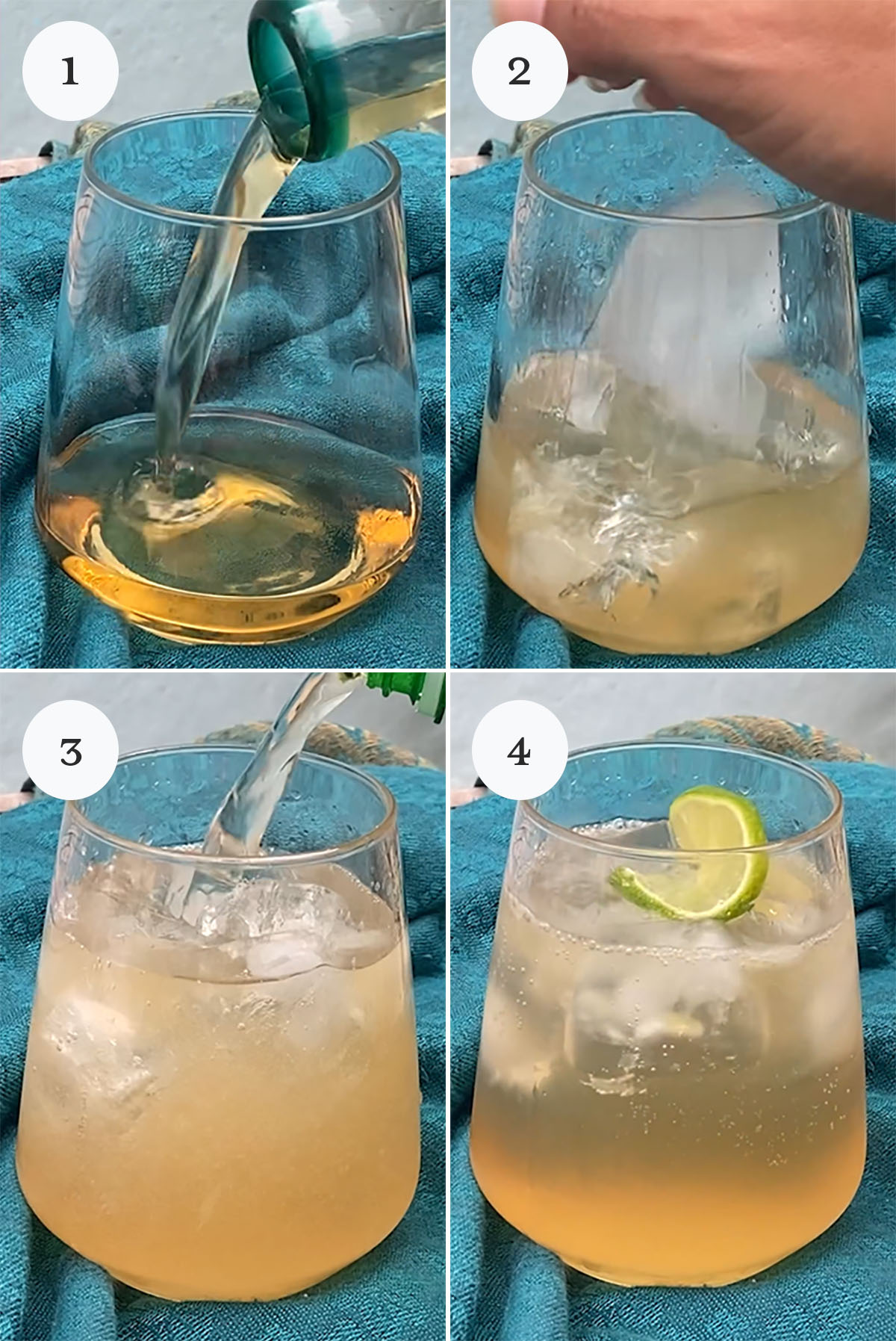 4 photo collage of mixing a Mexican Mule tequila cocktail.