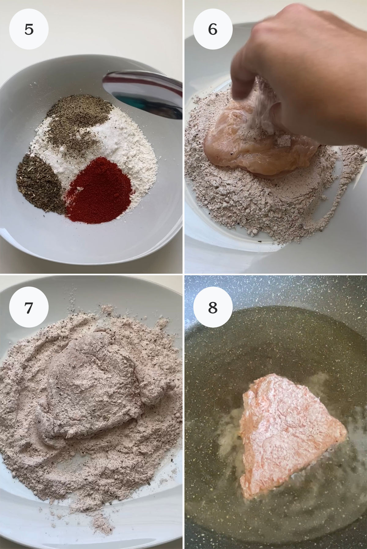 4 photo collage of coating chicken burger patties in flour.