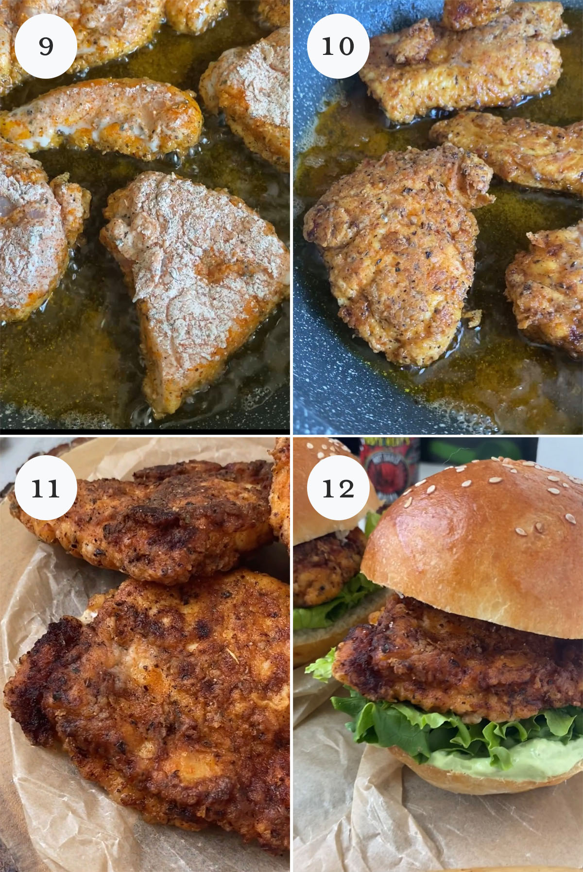 4 photo collage of frying chicken burger patties.