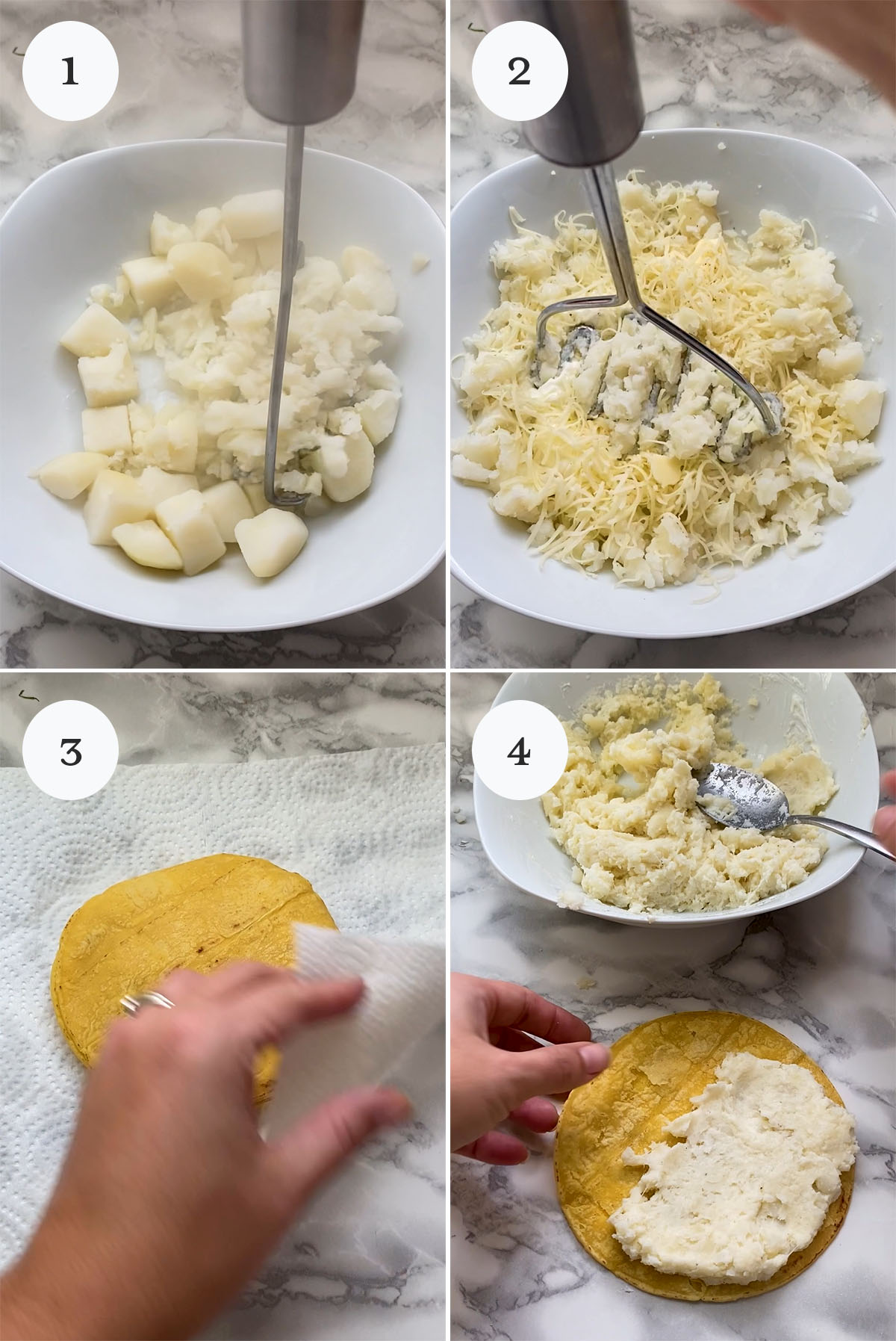 4 photo collage of filling potato tacos