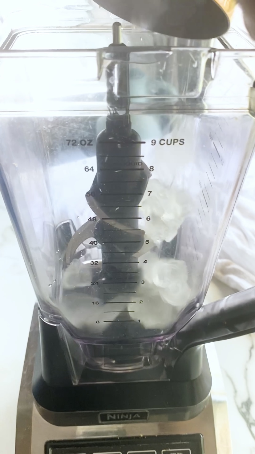 Ice in a blender jug.