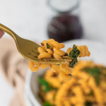 Curly pasta noodles on a gold fork.