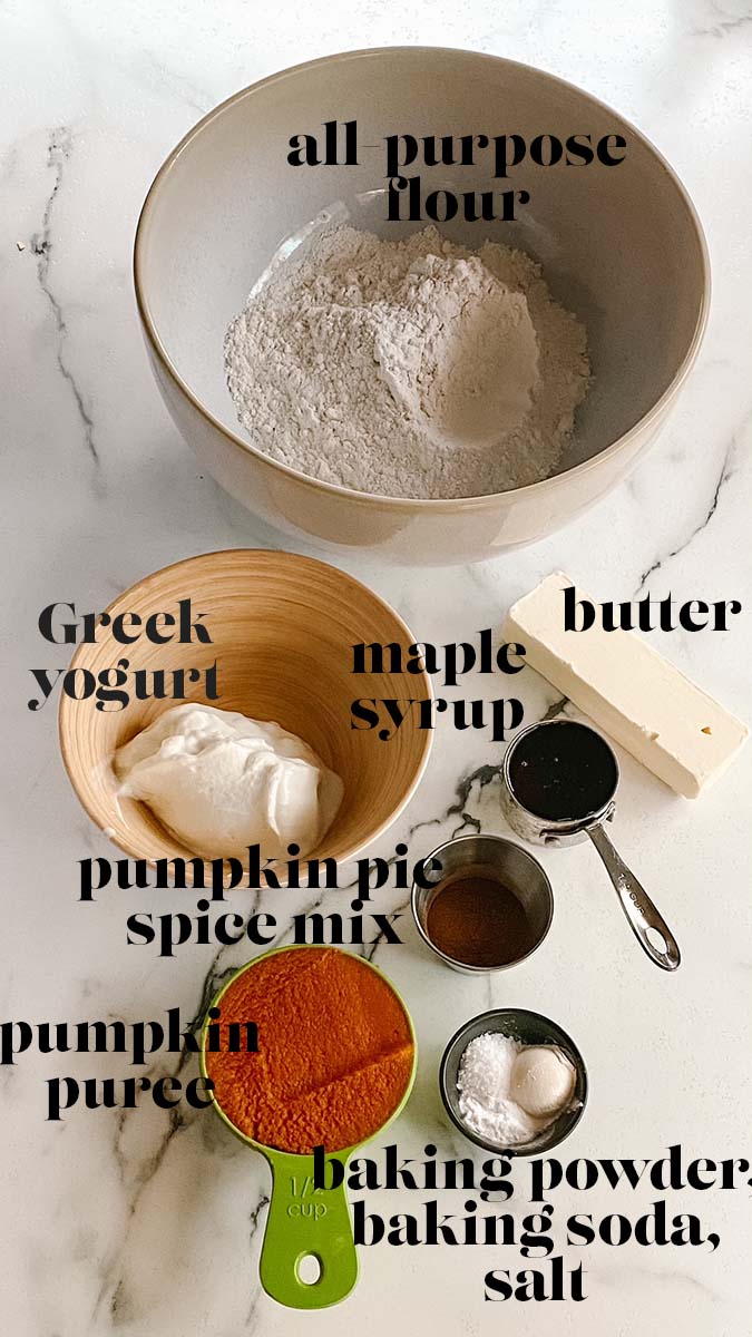 Ingredients for pumpkin scones labeled with text.