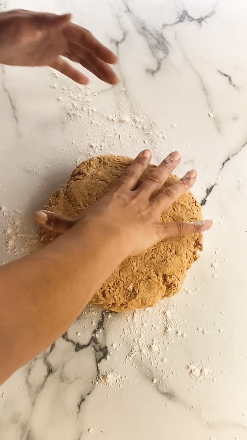 Measuring scone dough by the width of a hand.