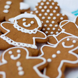 Gingerbread men cookies decorated with royal icing.
