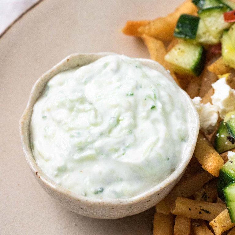 Greek tzatziki sauce in a bowl.